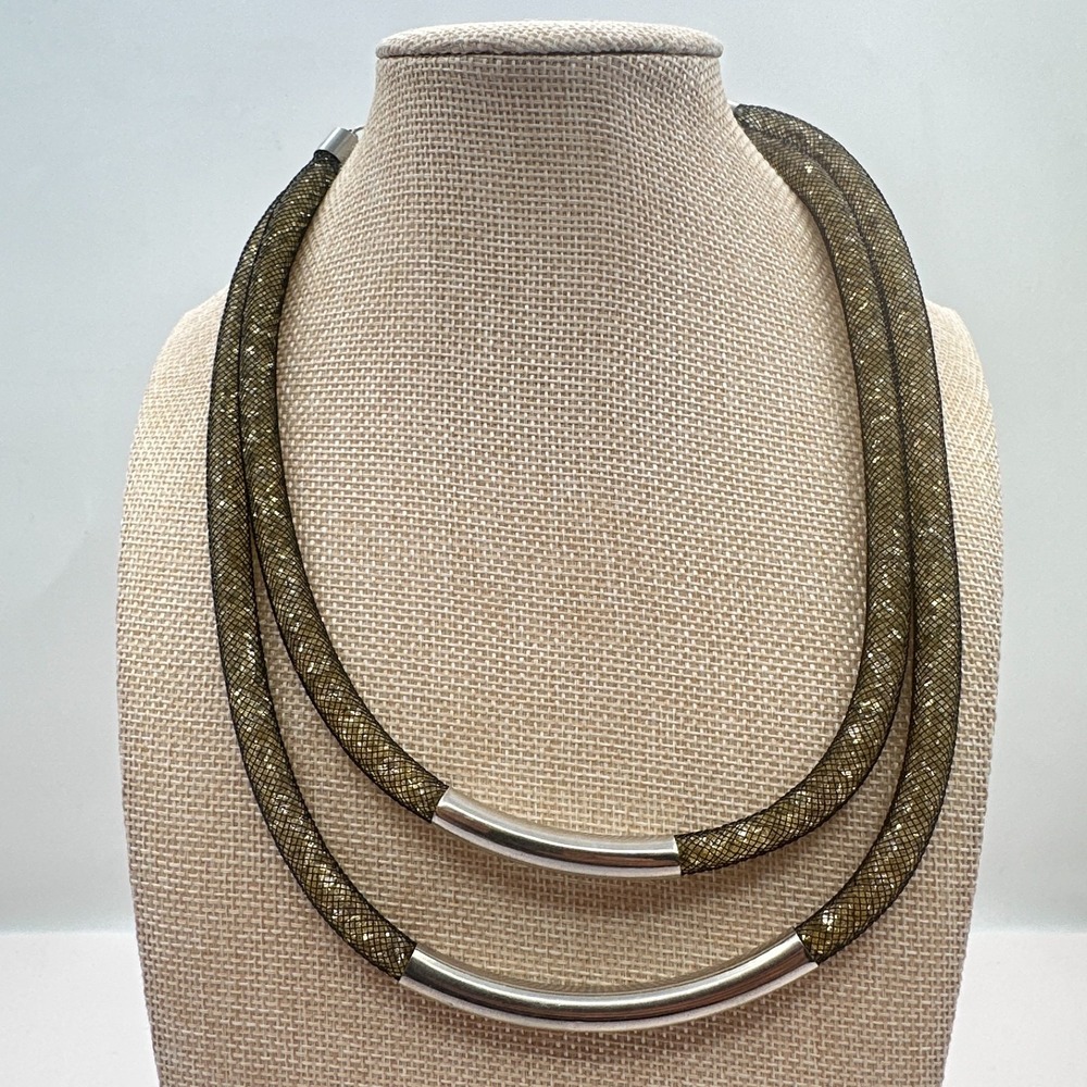 Vintage 90s Black Mesh Double Strand Glass Stone Necklace Silver Tone